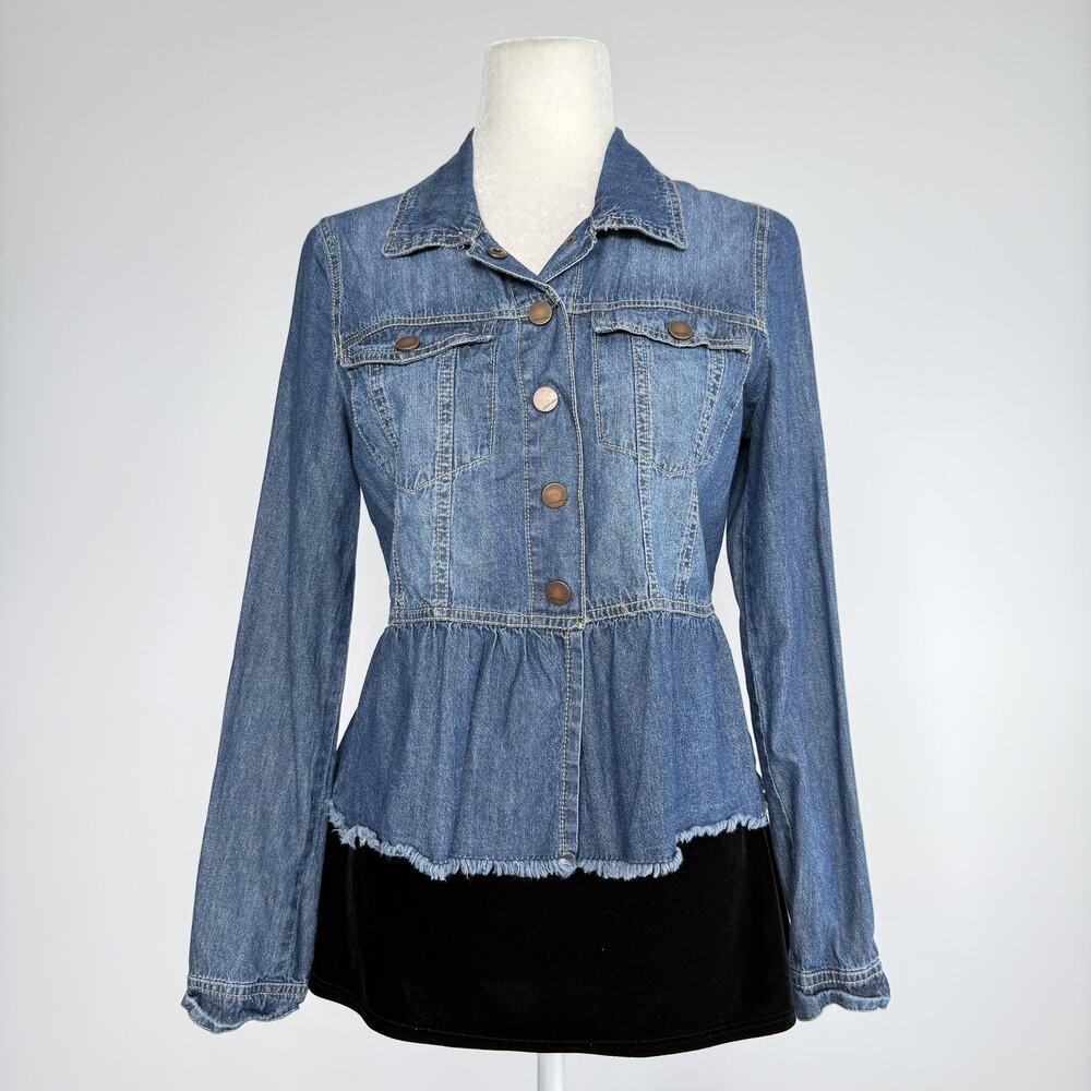 Joujou Denim Jacket Womens XL Blue Ruffle Peplum Frayed Hem Button Front Short